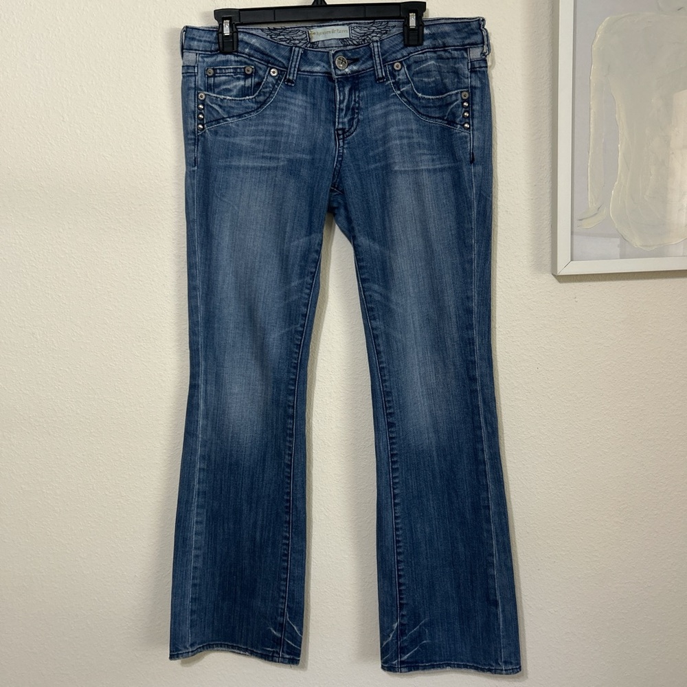 Y2K Heaven & Earth Rhinestone Flare Low-Rise Jeans | Medium Wash Bootcut W28